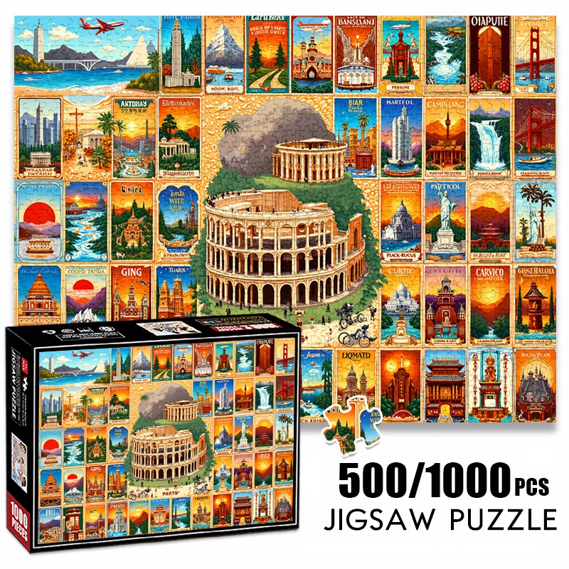 Puzzle Map World - จิ๊กซอว์กระดาษ 500/1000 ชิ้น แผนที่สถานที่สำคัญระดับโลกสไตล์วินเทจ ของเล่นจิ๊กซอว์ขนาดใหญ่ เกมสำหรับผู้ใหญ่
