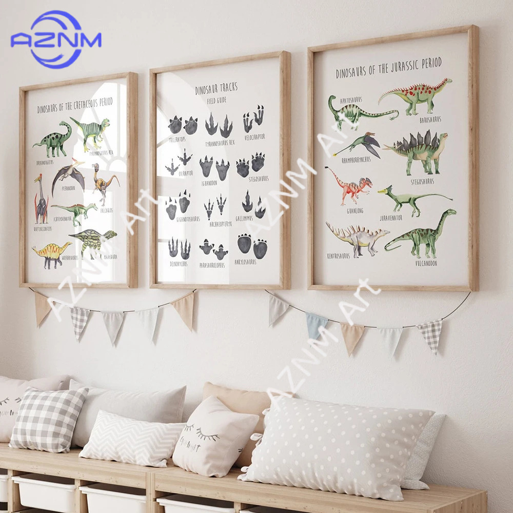 Kids Education Product - 1/3 ชิ้น, โปสเตอร์การศึกษาความรู้ภาษาอังกฤษเกี่ยวกับไดโนเสาร์การ์ตูนสำหรับเด็ก ของเล่นห้องนอนเด็ก ของตกแต่งผ้าใบ