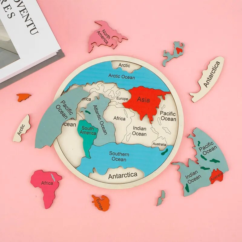 Puzzle Map World - ของเล่นตัวต่อแผนที่โลกไม้สีสันสดใส ของเล่นเสริมพัฒนาการแบบมอนเตสซอรี่ เกมกระดานฝึกทักษะการเรียนรู้สำหรับเด็กอายุ 4 ถึง 6