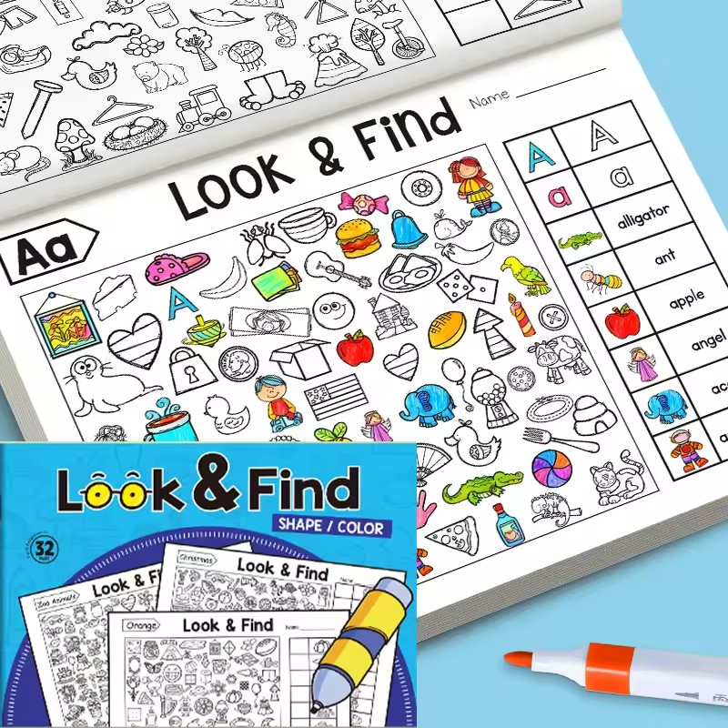 Kids Education In Us - สมุดระบายสีมองแล้วหา สำหรับเด็กเล็ก 32 หน้า กิจกรรมการศึกษาปฐมวัย สมุดงานรูปทรงและสีสำหรับเด็ก