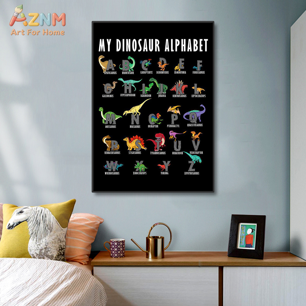 Background For Kids Education - AZNM ไดโนเสาร์ตัวอักษรภาพพิมพ์บนผ้าใบสำหรับตกแต่งผนังการ์ตูนไดโน ABC แผนภูมิพื้นหลังสีดำการศึกษาเด็กห้องนอนตกแต่งห้องเด็กอ่อนโพสต์
