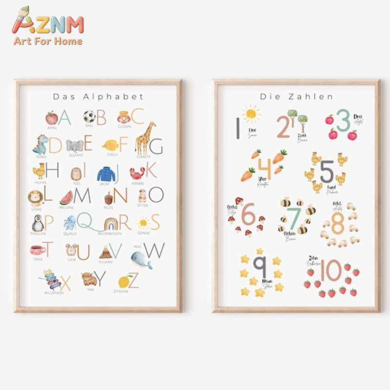 Kids Home Education - AZNM ตัวอักษรภาษาเยอรมัน ตัวเลข ภาพพิมพ์บนผ้าใบสำหรับตกแต่งผนัง, Das Alphabet